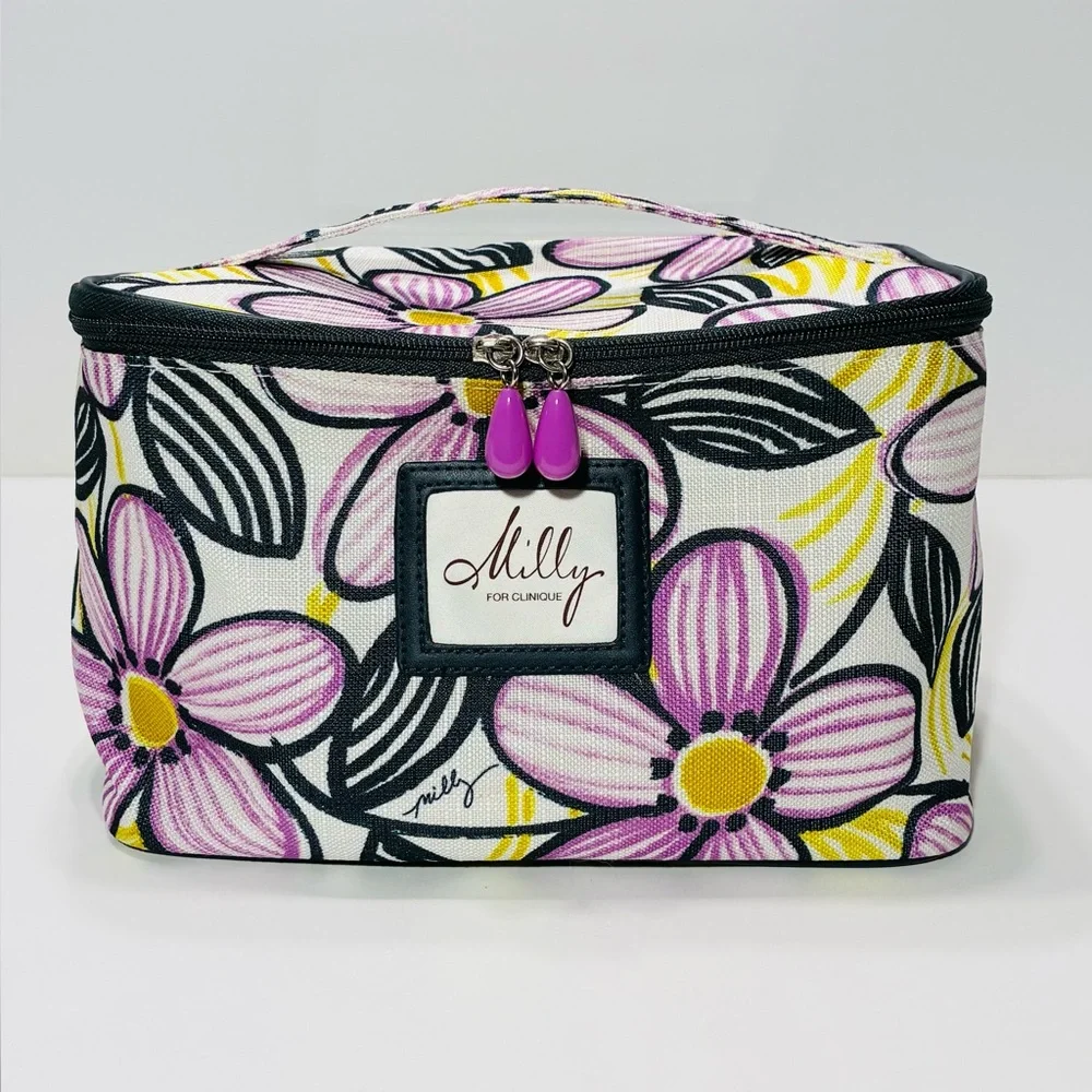 Milly for Clinique Floral Pattern Cosmetic Bag Purple Yellow Navy 5”x9”x6”
